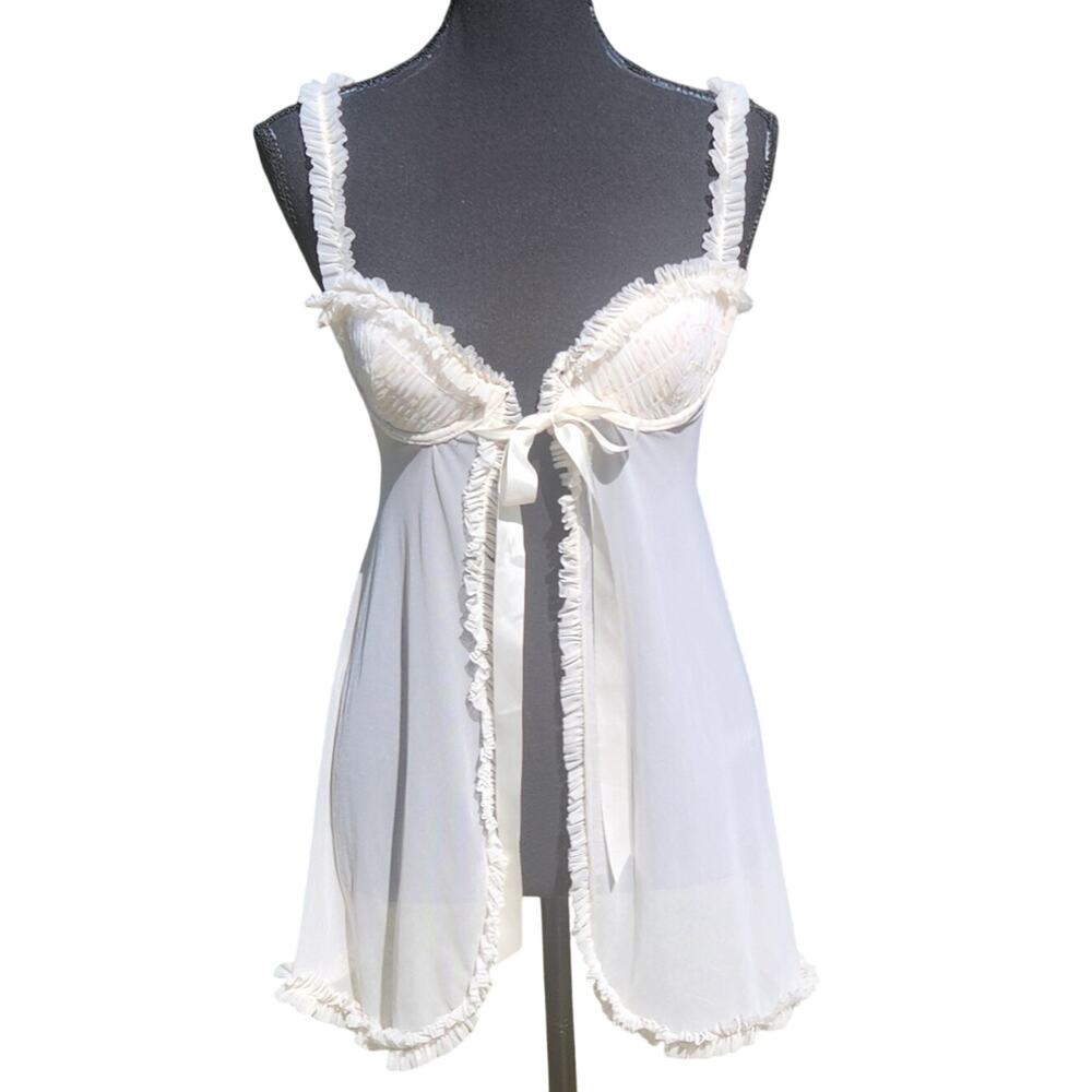 Vtg Babydoll SHEER Cami Top Cream Ivory Ruffle FESTIVAL SEXY Small Medium 34 B